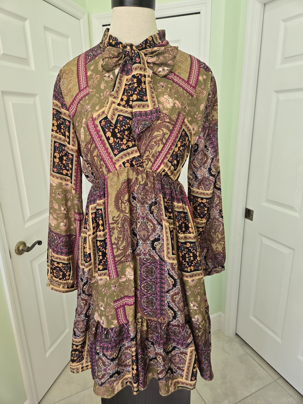 Patchwork Look Tie-Neck Midi Dress in Olive & Plum Boho
